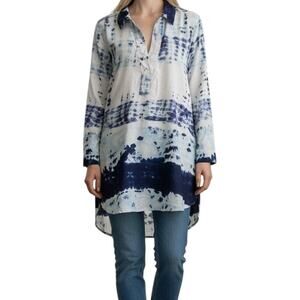 Life Style Blue and White Womens Career V Neck Tunic Style Shirt Size Med